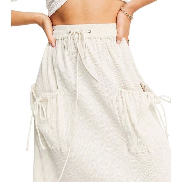 ASOS Drawstring Midi Crinkle Cream Skirt 14 - Picture 4 of 5